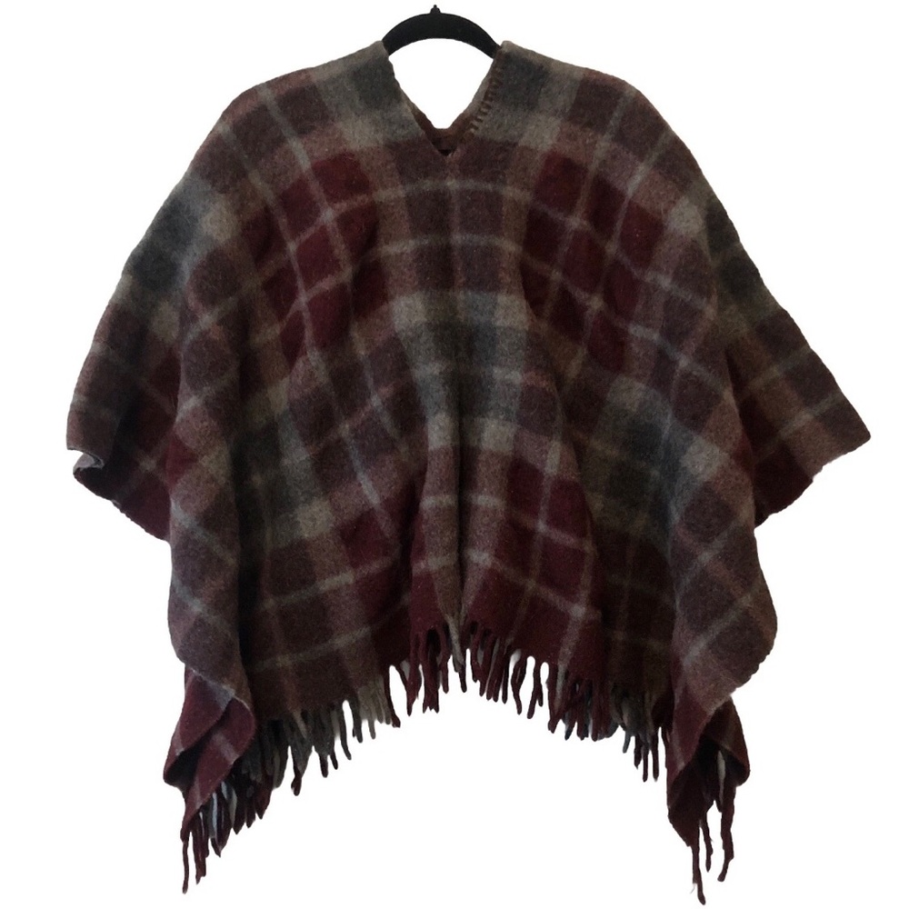 Camargo Alpaca Plaid Wool Fringed Poncho One Size
